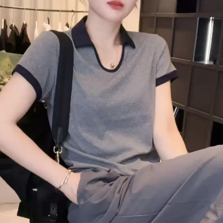 夏季圆领U领设计款时尚百搭潮流洋气短袖修身气质显瘦上衣女减龄