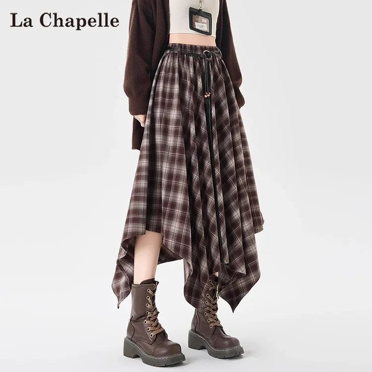 拉夏贝尔美式复古撞色格纹半身裙女春秋琥珀流光风不规则格子半裙