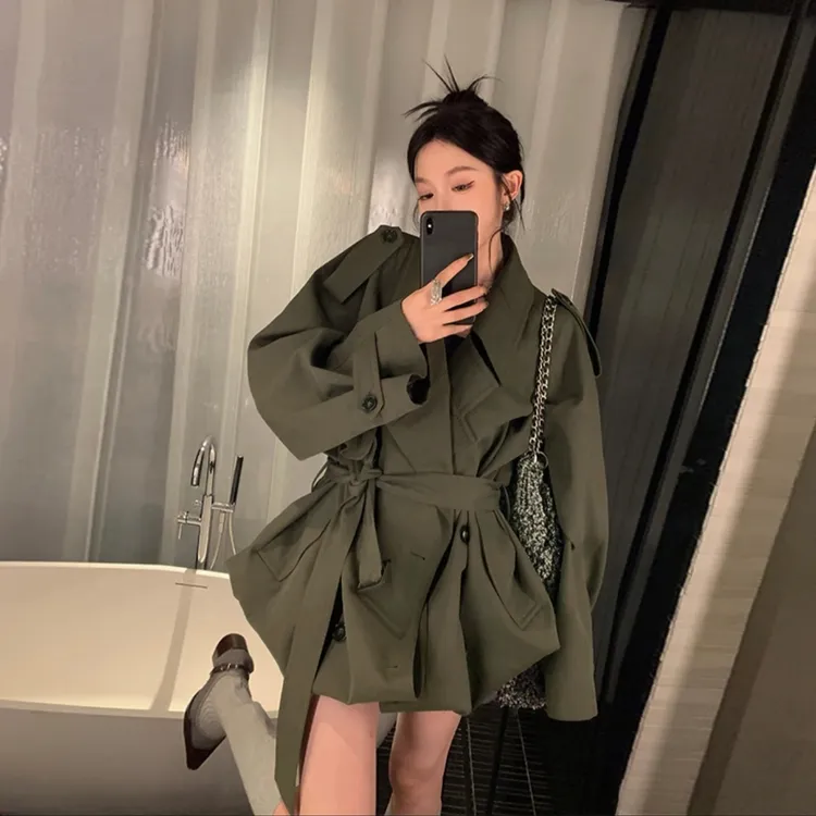 区区欧阳系带风衣外套女秋季新款复古休闲小个子中长款高级感大衣