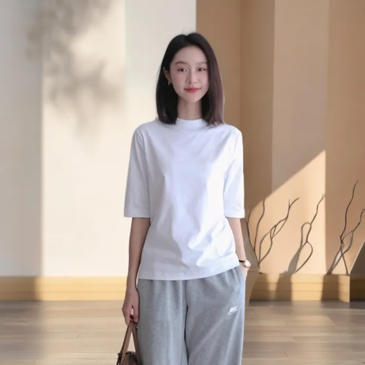 正肩T恤女款秋装半高领中袖白色打底衫内搭半袖立领五分袖上衣女