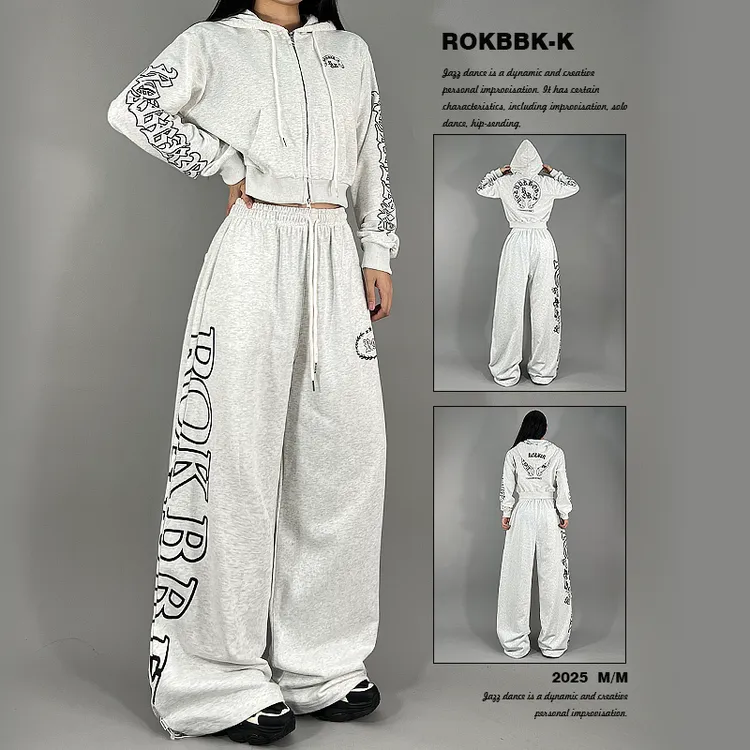 ROKBBK-K布韩街舞潮牌秋冬上新字母印花白灰两件套休闲裤女爵士舞