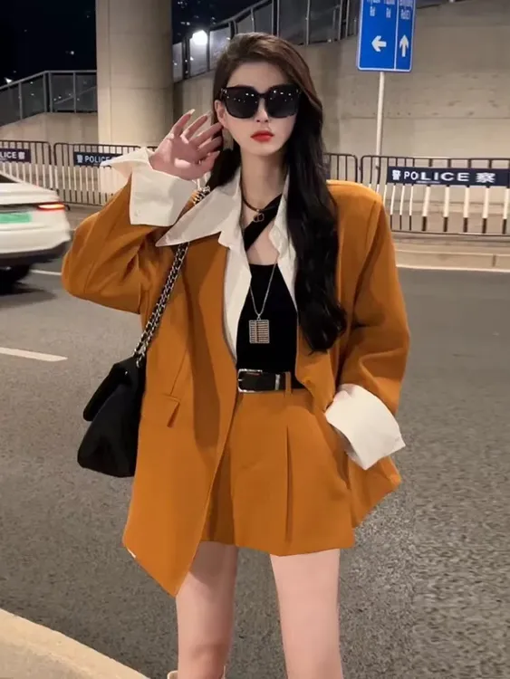 韩版女新款拼接假两件西装外套拼接裙裤风套装