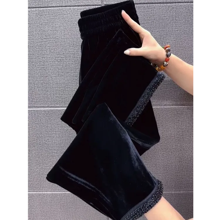 金丝绒修身烟管裤女2025秋冬高端钉珠气质九分裤子百搭显瘦小脚裤