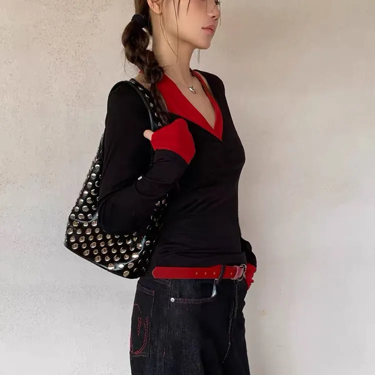 早秋时尚新款美式复古撞色假两件上衣宽松休闲百搭长裤小众女装