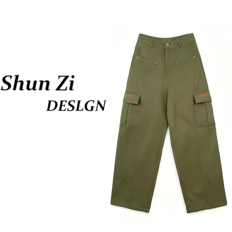 顺子/SZ9989 【加绒加厚】设计师款撞色刺绣隔断拼接窄版显瘦直筒裤