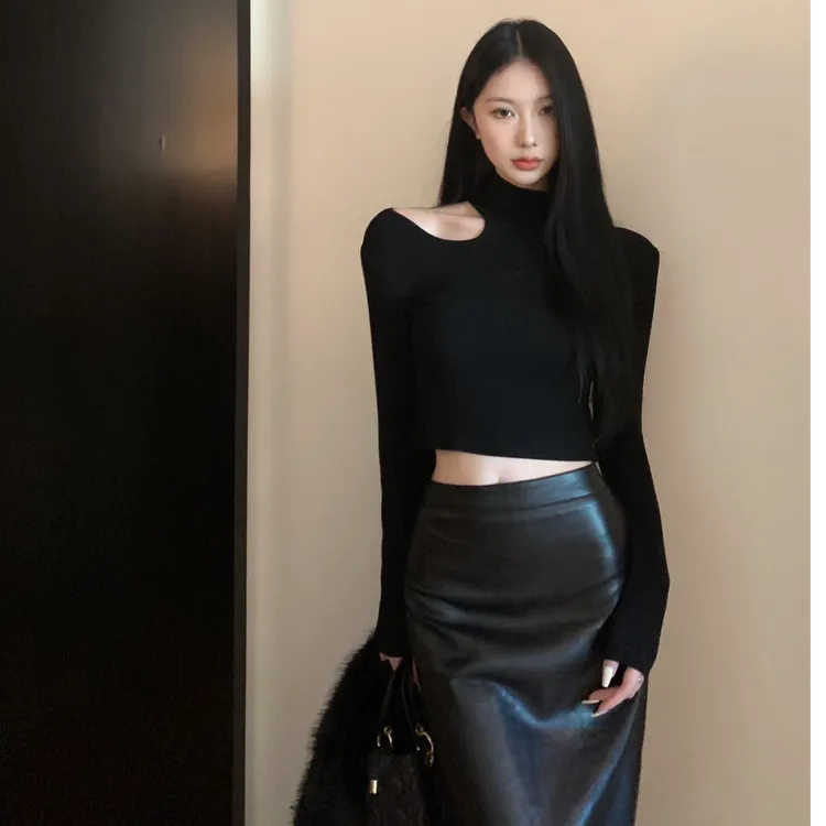 修身气质露肩设计感外穿上衣洋气休闲百搭长款半身裙时尚两件套女