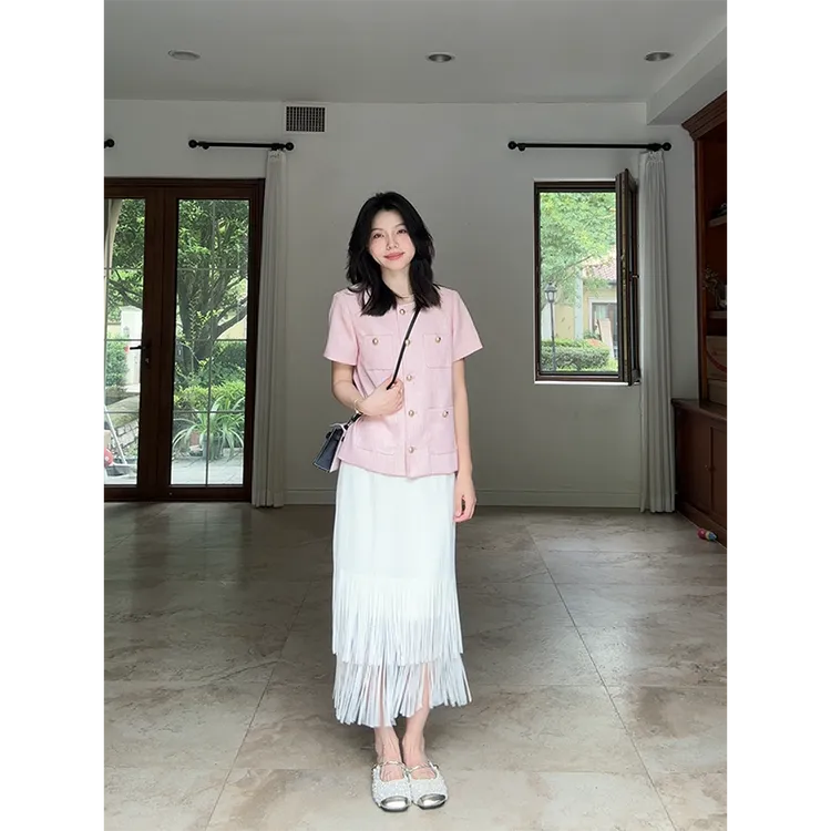 郭九九呢 气质小香风宽松显瘦短袖压褶流苏半身裙 G925A05451