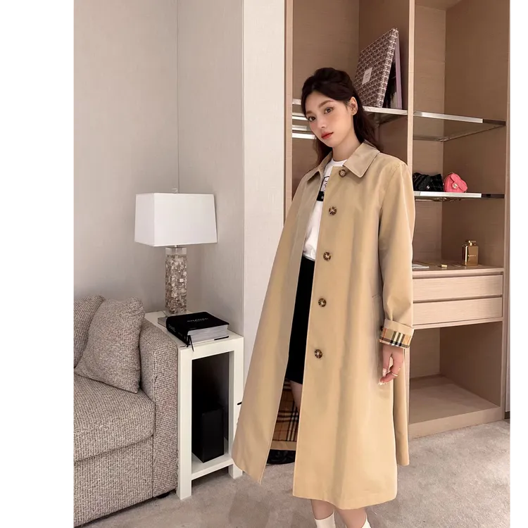 韩版休闲卡其色条纹风衣外套女中长款2025春秋新款英伦风收腰大衣