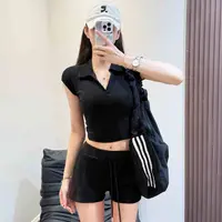 Beaunasloe欧美风简约百搭V领短袖T恤女修身显瘦翻领短款上衣