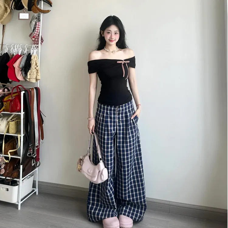 甜辣妹一字领撞色蝴蝶结短袖T恤女夏季小众别致绝美修身短款上衣