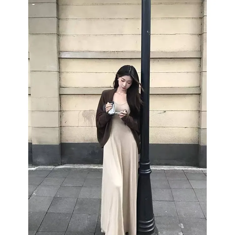 慵懒风套装女秋冬长袖开衫收腰连衣裙两件套C 9568#