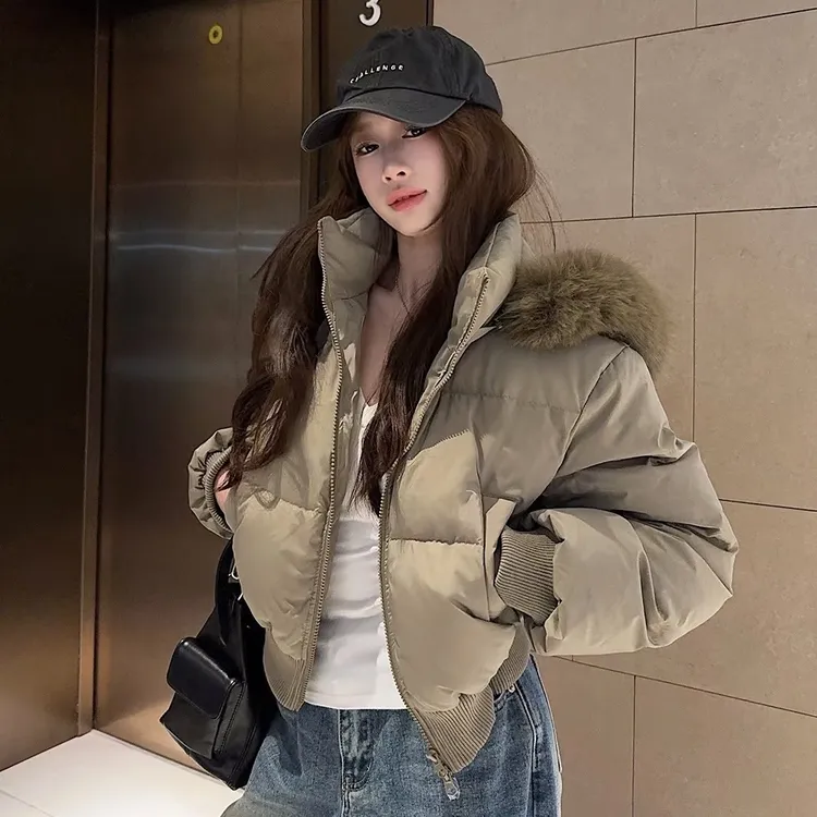 千金风加厚棉服女韩系收腰显瘦大毛领连帽可拆卸保暖短款棉服外套