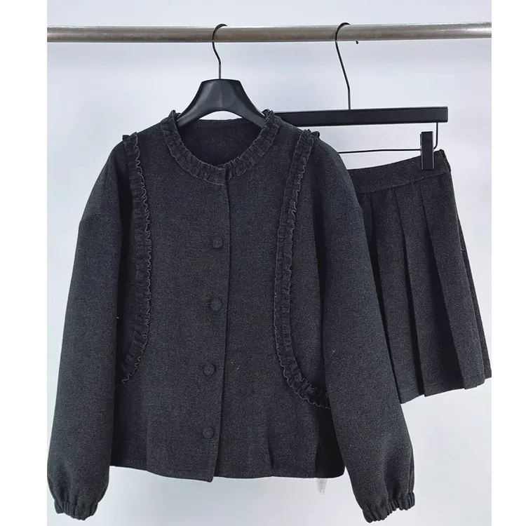 Z159#秋冬精致学院风套装女冬木耳花边毛呢高级感外套百褶裙套装