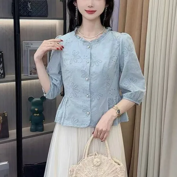 100%纯棉法式圆领衬衫女2025早秋新款显瘦减龄宽松遮肚百搭上衣潮