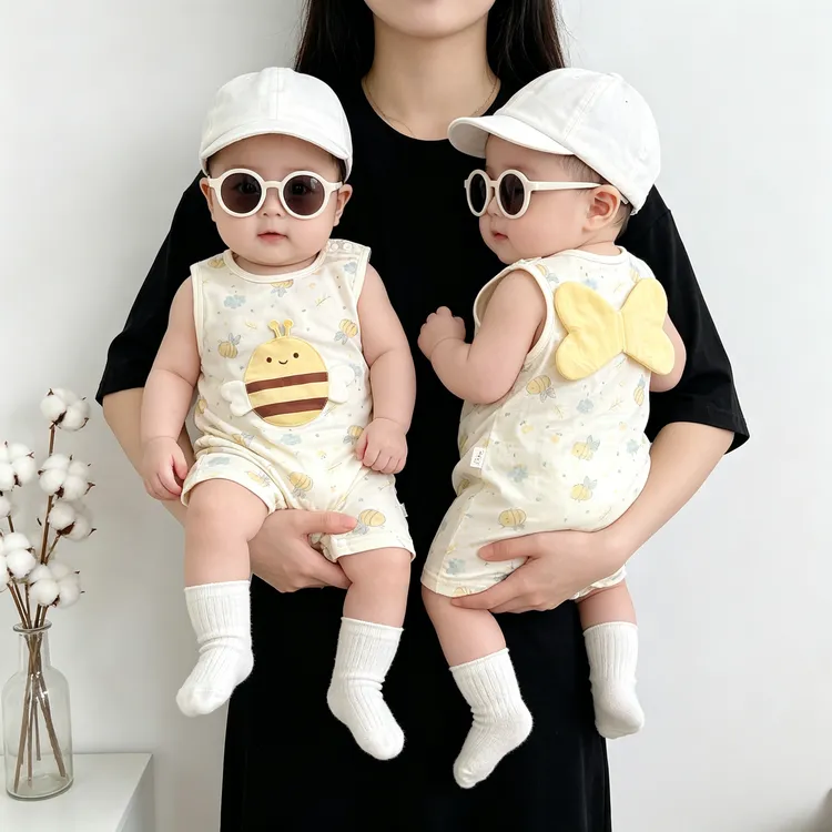婴幼儿夏季轻薄纯棉小蜜蜂带围嘴无袖婴儿夏季短袖连体衣