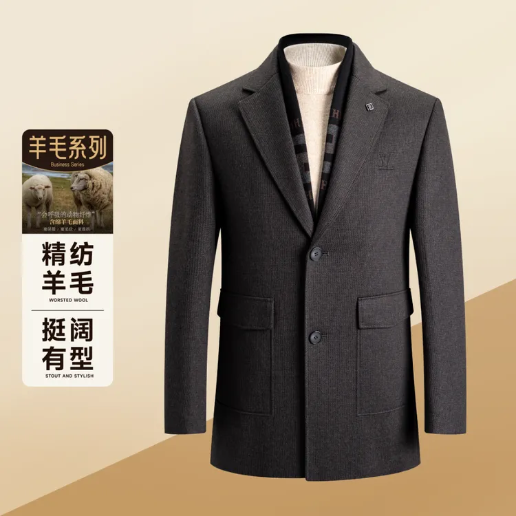 【85白鸭绒+澳毛】【断码】冬季加厚三穿羊毛羽绒内胆可拆男士短大衣