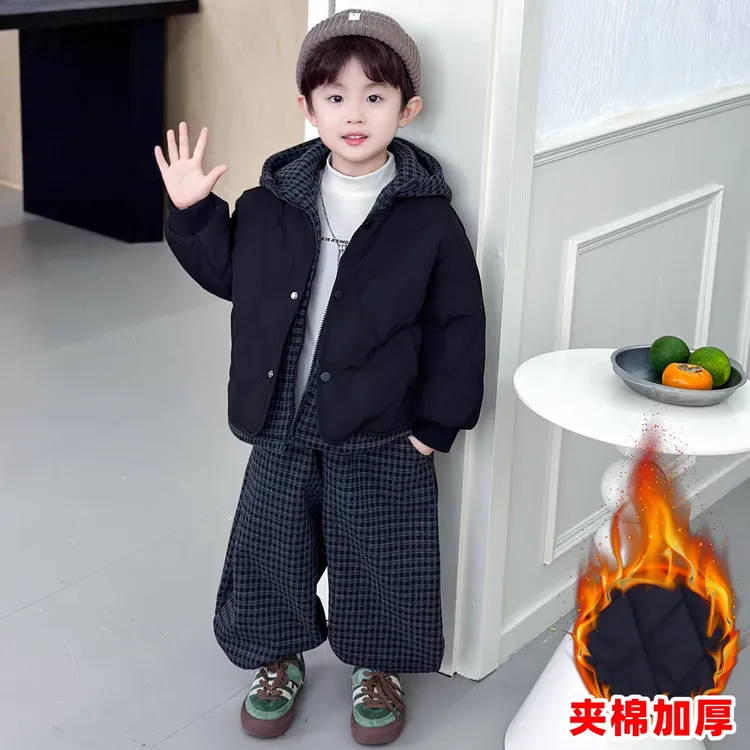 男童套装秋冬2025新款夹棉冬装男宝两件套痞帅炸街儿童假两件衣服