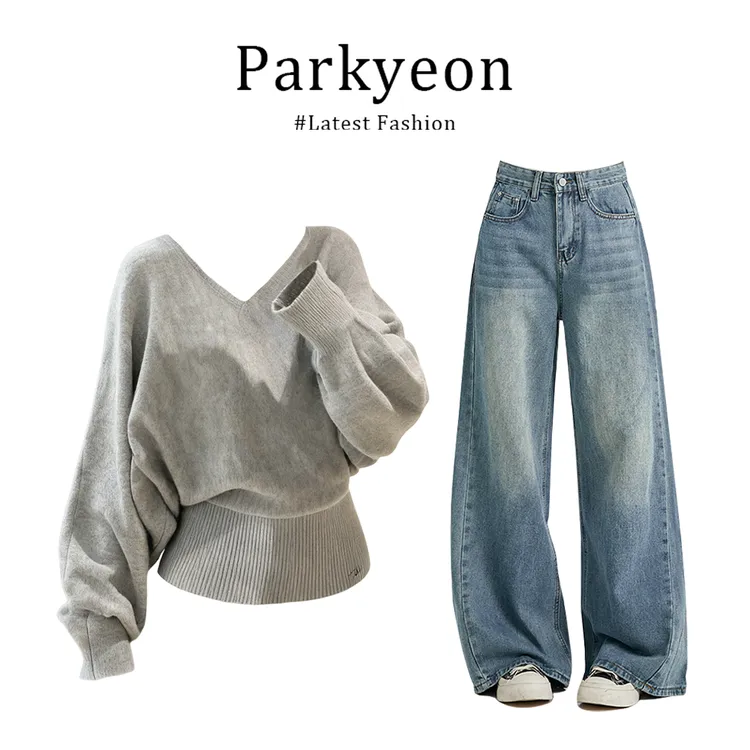 INS CEC韩系慵懒风V领蝙蝠袖针织衫毛衣修身牛仔裤套装