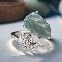 A货翡翠树叶百搭戒指