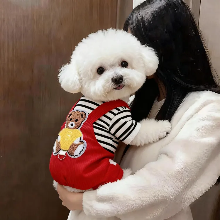 狗狗衣服秋冬保暖加厚可牵引条纹小熊背带宠物小型犬猫咪衣服用品