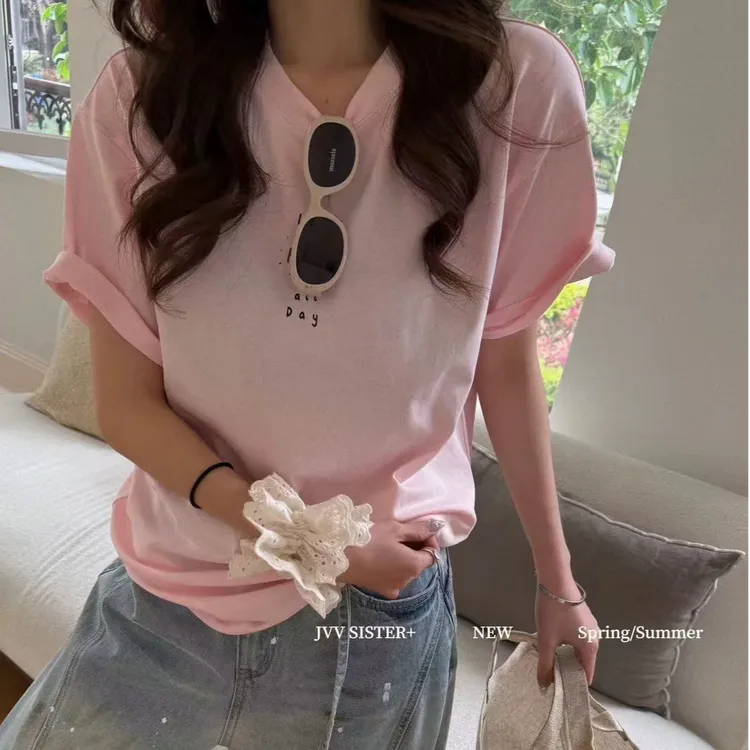 新款韩版宽松后背花朵大版休闲印花短袖T恤