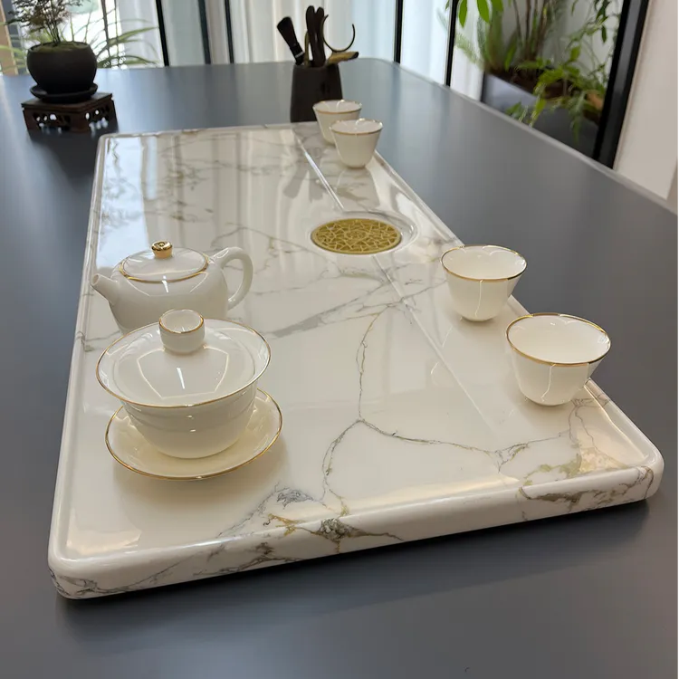 轻奢简约奢石高档透明排水茶盘家用方形干泡台小茶台办公奢石茶海