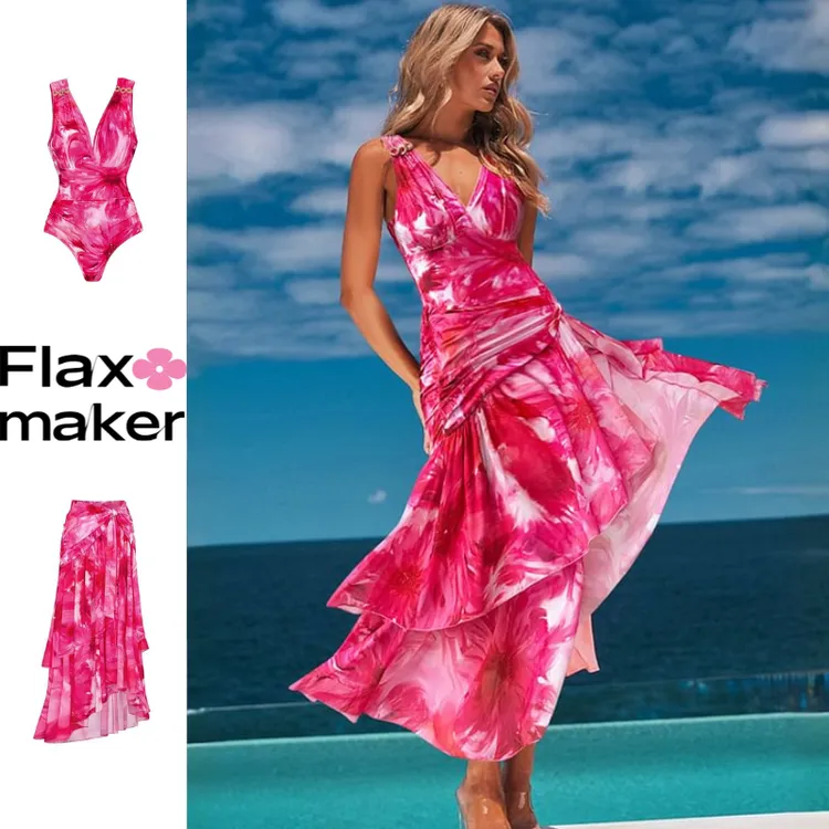 Flaxmaker【花仙子】小众设计挂脖印花连体泳衣温泉海滩度假高级