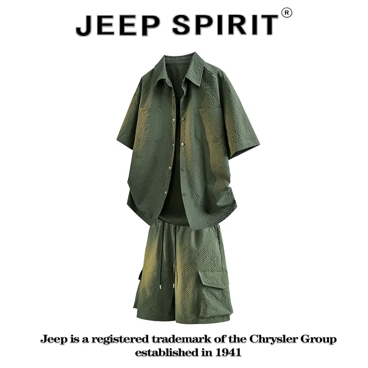 JEEPSPIRIT吉普泡泡纱短袖衬衫套装男夏季新款休闲运动短裤两件套