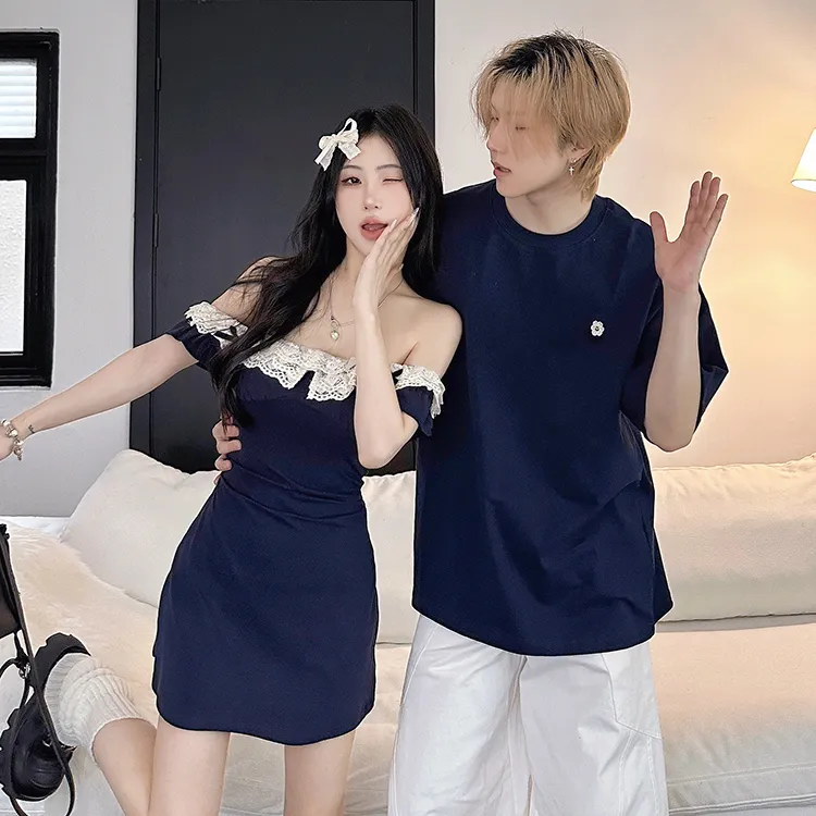 情侣装夏季小众设计感纯欲风收腰显瘦女连衣裙男短袖T恤潮