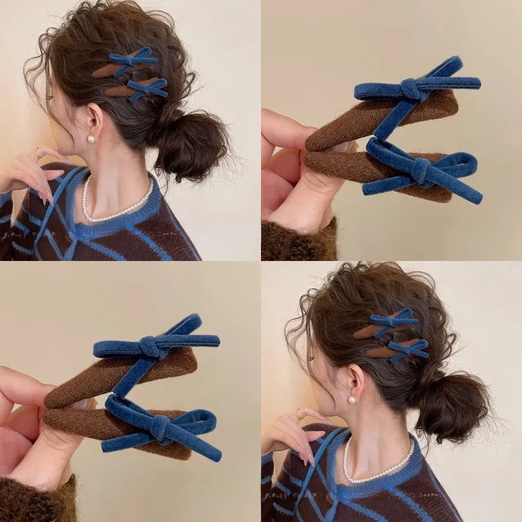 丝绒蝴蝶结撞色发夹女侧边发卡边夹前额刘海夹bb夹发饰2025新款秋