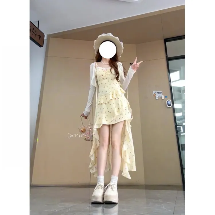 大码胖MM法式温柔显瘦碎花吊带拖尾裙显白开衫连衣裙