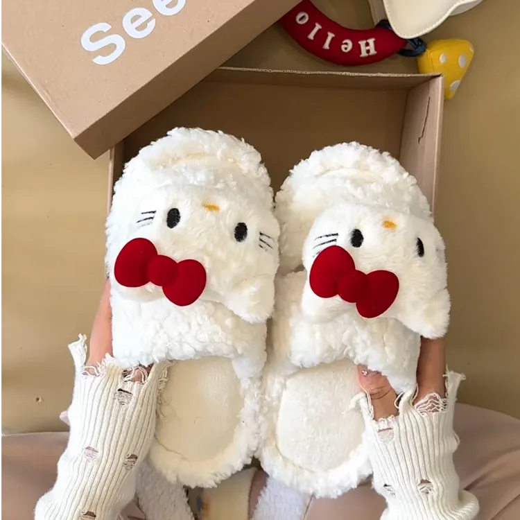 卡通可爱KT毛毛拖拖女2025秋季舒适冬季厚底时尚一字拖居家拖鞋潮