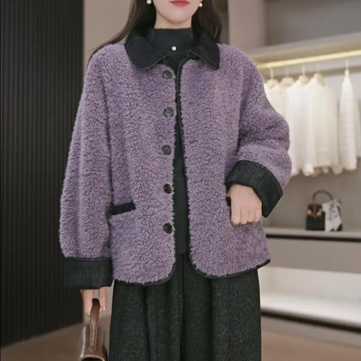 皮毛一体牛仔领女翻领时尚短外套小香风冬季保暖百搭毛毛外套女