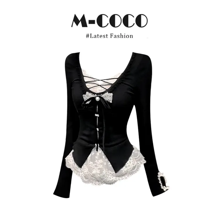 甜辣风假两件蕾丝拼接针织T恤女秋季新款纯欲蝴蝶结系带修身上衣