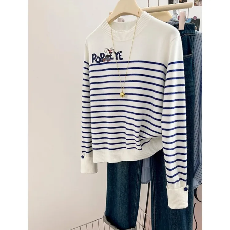 入秋气质穿搭蓝色条纹卡通内搭打底衫套头毛衣女秋冬针织上衣百搭