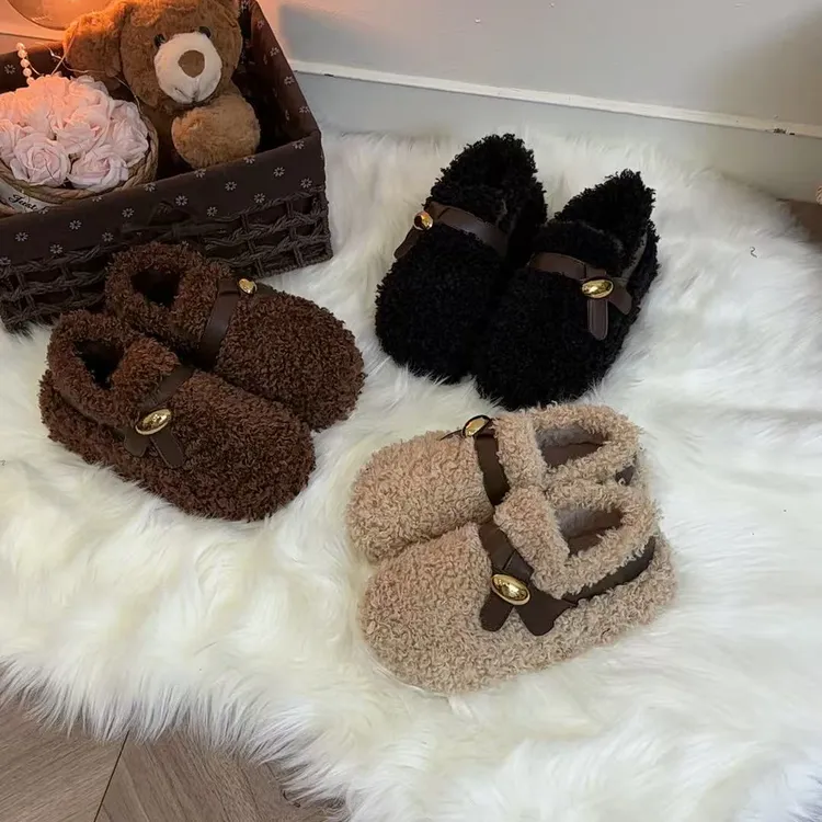 6CM厚底秋冬新款增高简约百搭皮带扣小金豆设计外穿女毛毛休闲鞋