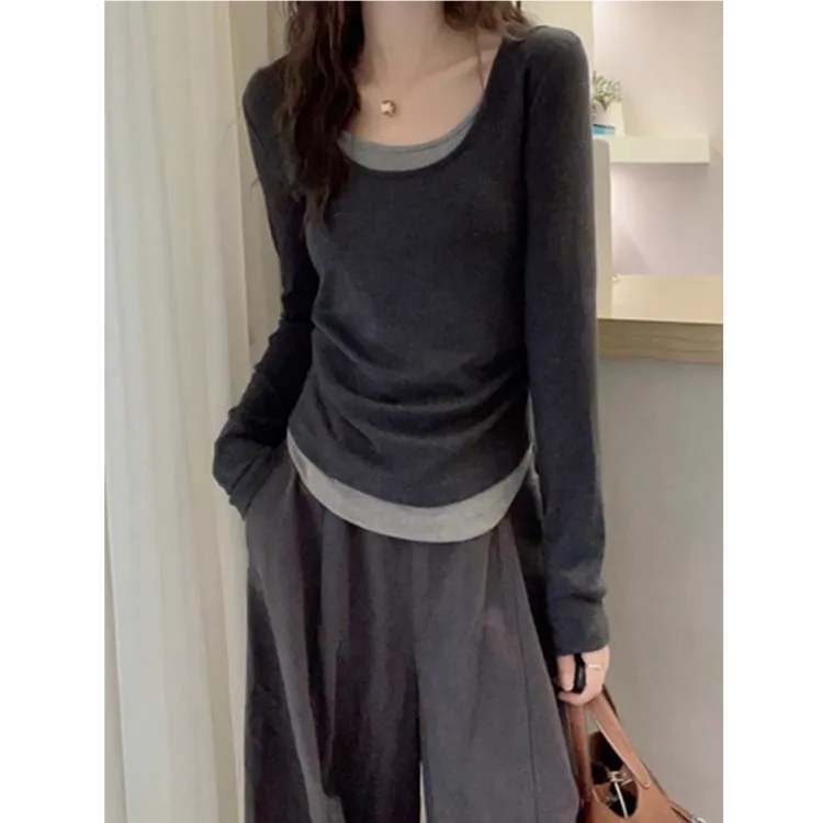 假两件撞色T恤女欧洲站2025早秋新款欧货女装时尚百搭打底小衫潮
