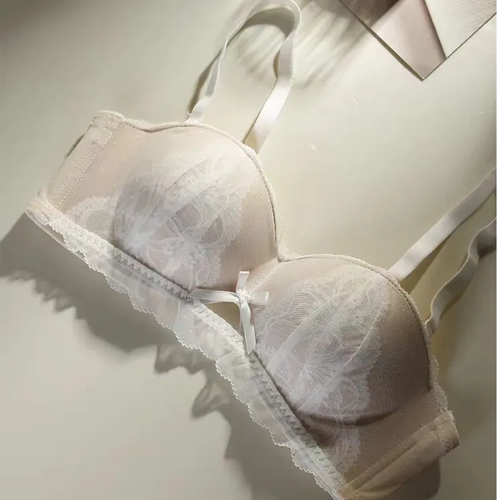 甜美蕾丝内衣女小胸聚拢上托无钢圈文胸罩套装纯欲半杯无肩带防滑