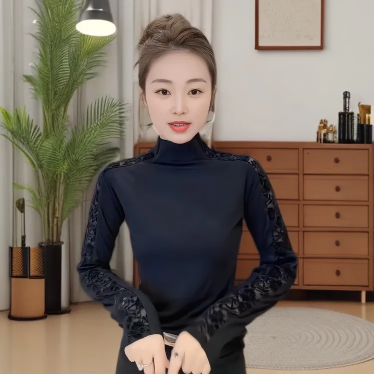 秋冬半高领打底衫法式拼接蕾丝长袖内搭气质显瘦上衣