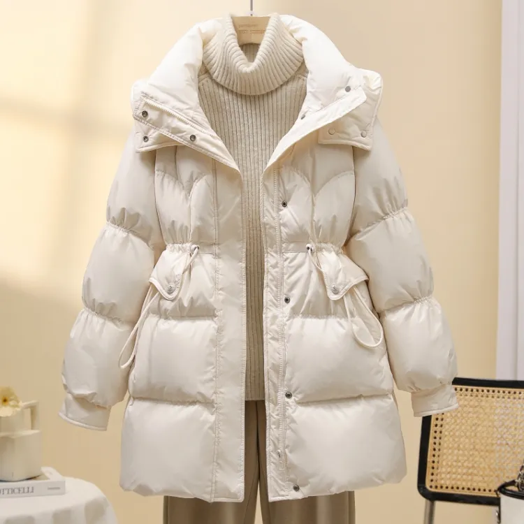 2025新款加厚羽绒服女连帽中长款收腰保暖白鸭绒外套