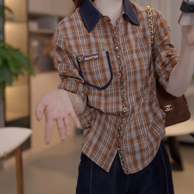 格子衬衫衬衫领长袖秋季衬衫四季通用格纹衬衣时尚C6089