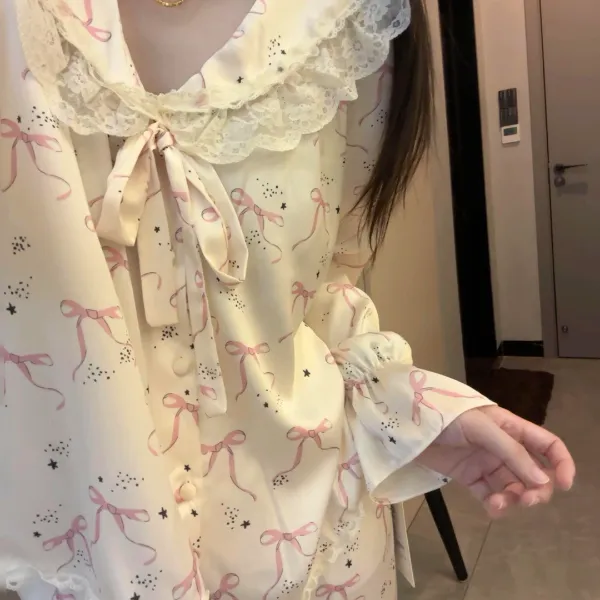 2025新款甜美蝴蝶结睡衣女春秋长袖长裤冰丝缎面可外穿家居服套装