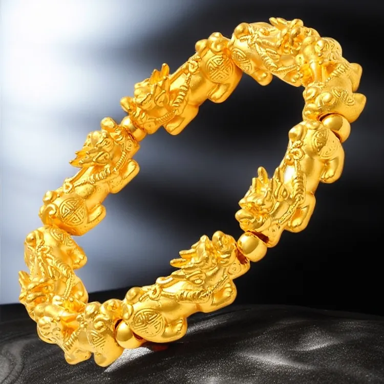 合金手链 古法金色貔貅手链男款时尚霸气八貔貅招财男士手串弹力
