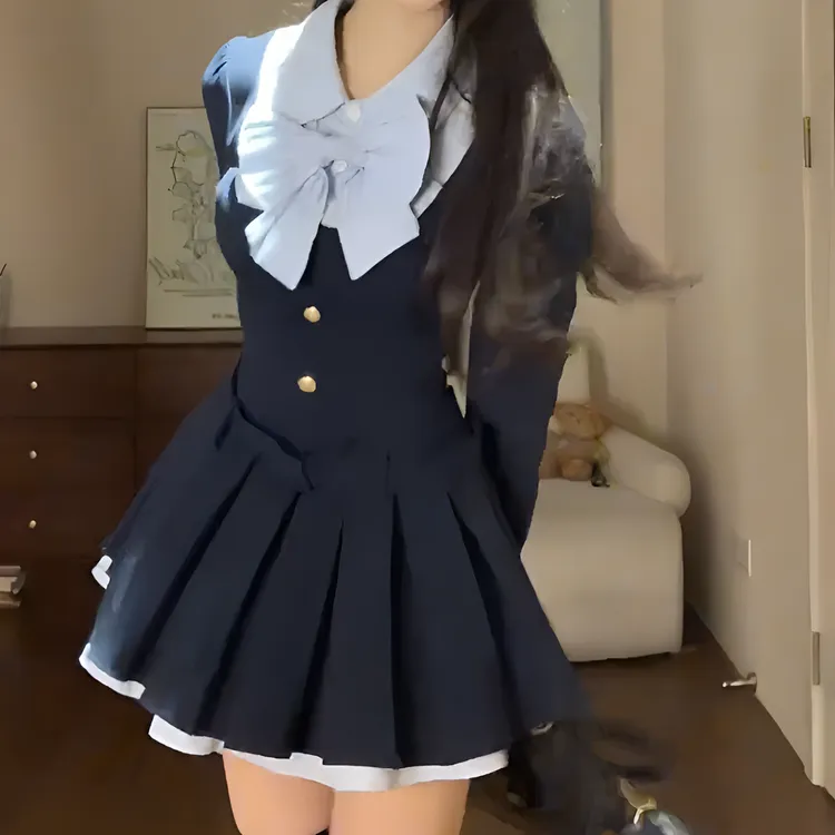  蓝屿学院 秋季学院风拼接设计感长袖连衣裙甜美蝴蝶结约会短裙女