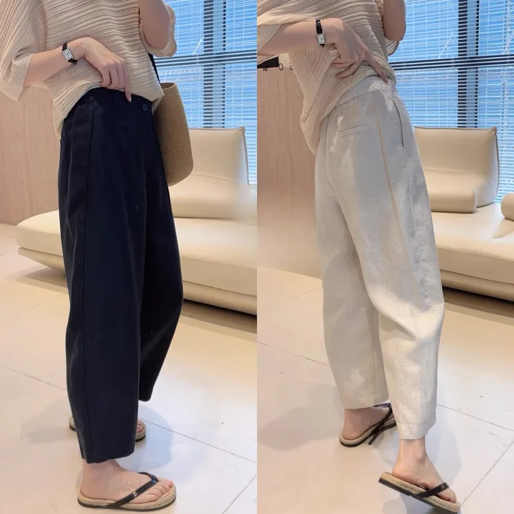 夏季薄款百搭九分气球亚麻裤女梨形身材小个子显瘦宽松阔腿休闲裤