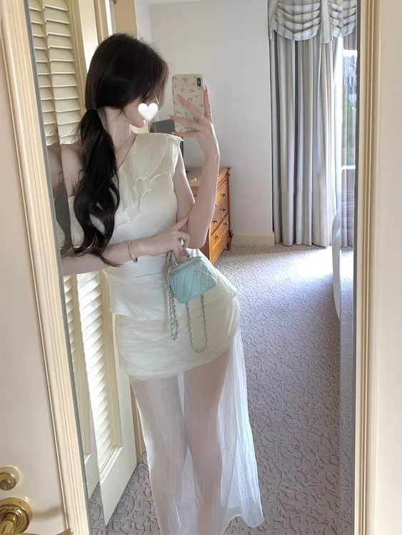 纯欲风法式肌理感薄纱斜肩荷叶边上衣高腰显瘦复古包臀半身裙套装