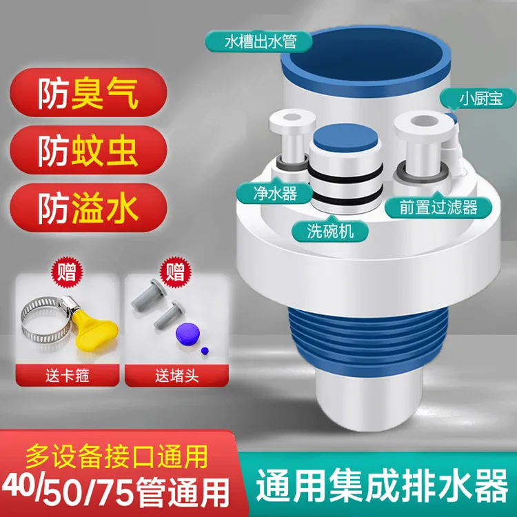 高品质厨房下水管三头水槽排水管防返臭神器出水密封墙排防虫集成