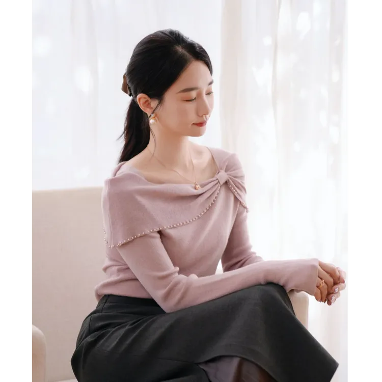 HELAAOMI “情人结”蝴蝶结一字肩长袖针织衫修身内搭打底衫上衣