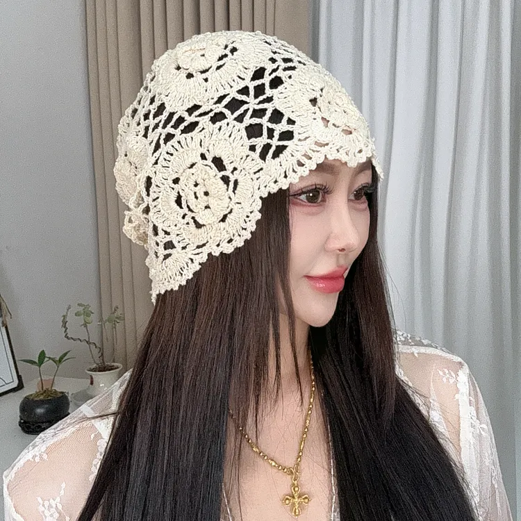 新款手工针织韩版花朵时尚百搭镂空包头复古网红薄款堆堆帽子