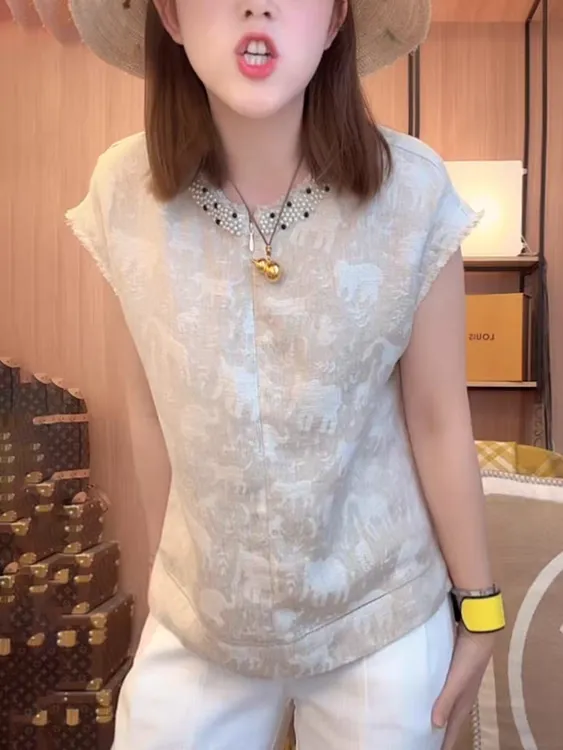 欧货卡通大象提花时尚简约衬衫2025年夏款宽松洋气减龄钉珠上衣女